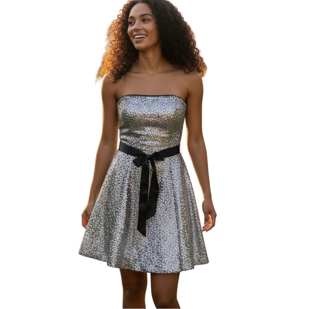 JESSICA McCLINTOCK for GUNN SAX Silver Sequin Strapless Cocktail Dress, 7 Junior